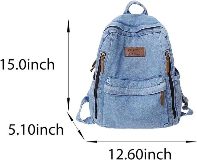Alt view image 7 of 7 - Denim Backpack for Women Men Vintage Grunge Backpack Blue Jeans Laptop Backpack Retro Rucksack for Travel Work (Blue,One Size)