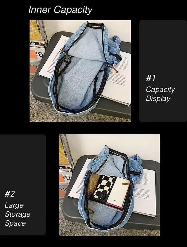 Alt view image 6 of 7 - Denim Backpack for Women Men Vintage Grunge Backpack Blue Jeans Laptop Backpack Retro Rucksack for Travel Work (Blue,One Size)