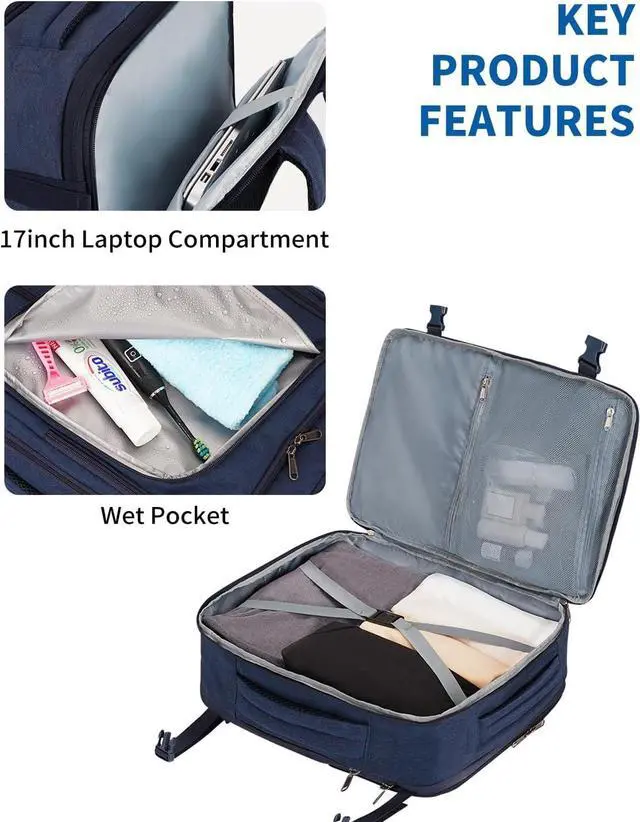 Alt view image 5 of 7 - WANDF Expandable 17 Inch Laptop Travel Backpack For Spirit Airlines Personal Item Bag 18x14x8 with Wet Pocket for Men WomenNavy Blue