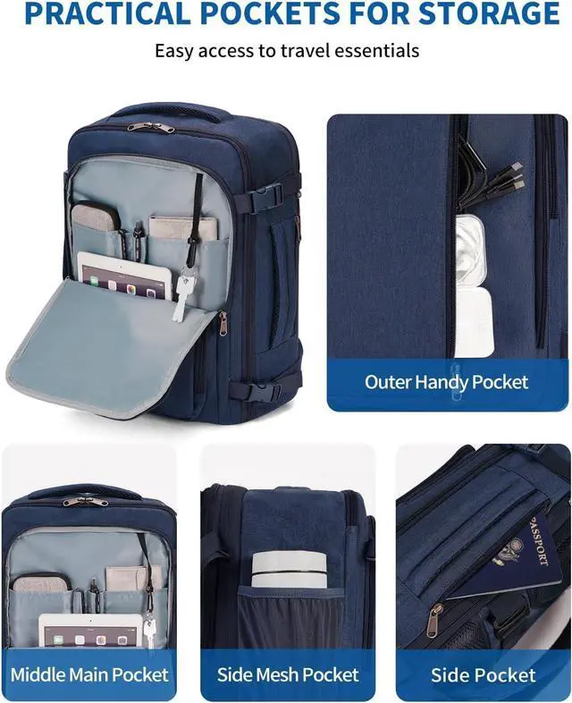 Alt view image 6 of 7 - WANDF Expandable 17 Inch Laptop Travel Backpack For Spirit Airlines Personal Item Bag 18x14x8 with Wet Pocket for Men WomenNavy Blue