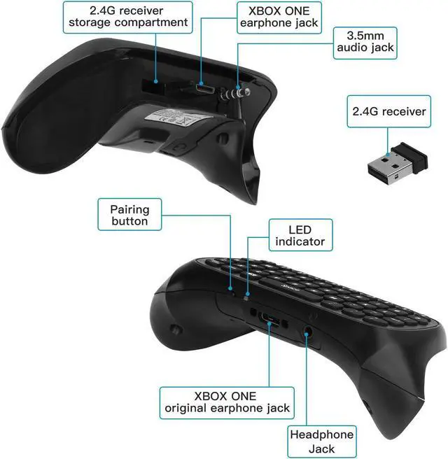 Alt view image 6 of 7 - MoKo Green Backlight Keyboard for Xbox One Controller, Xbox Series X/S, Wireless Gaming Chatpad Keypad with USB Receiver&3.5mm Audio Jack, Xbox Accessories for Xbox One/One S/Elite/2 Controller, Black