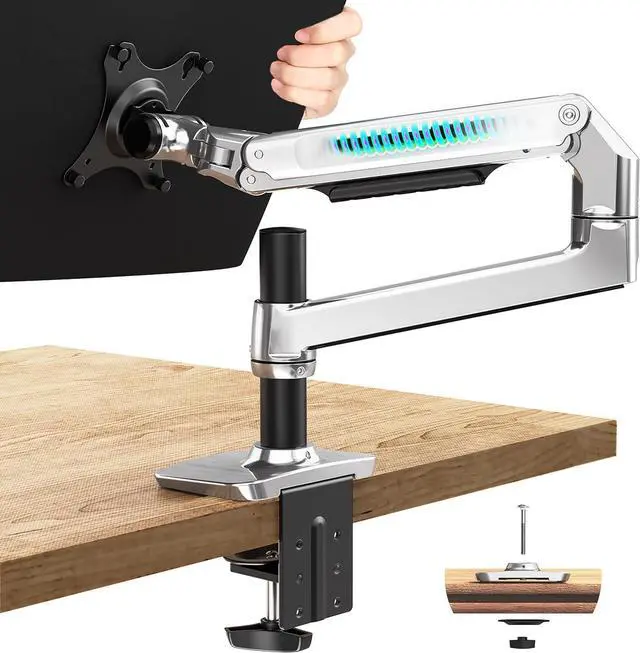 Main image of Single Monitor Arm Desk Mount, Holds Screens up to 40 Inches and 25 lbs, Fully Adjustable Vesa Monitor Mount with C-Clamp and Grommet Base, Aluminum, Silver