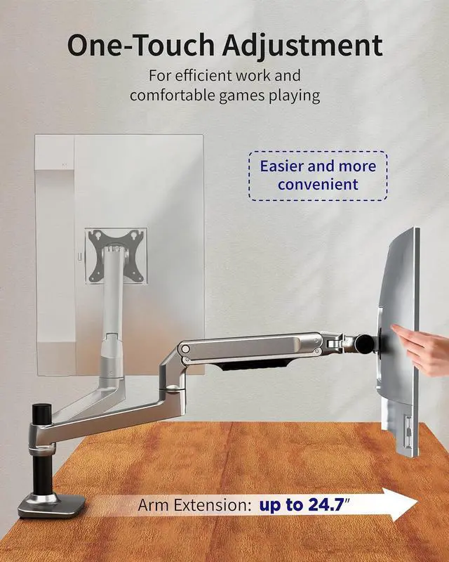 Alt view image 6 of 7 - Single Monitor Arm Desk Mount, Holds Screens up to 40 Inches and 25 lbs, Fully Adjustable Vesa Monitor Mount with C-Clamp and Grommet Base, Aluminum, Silver