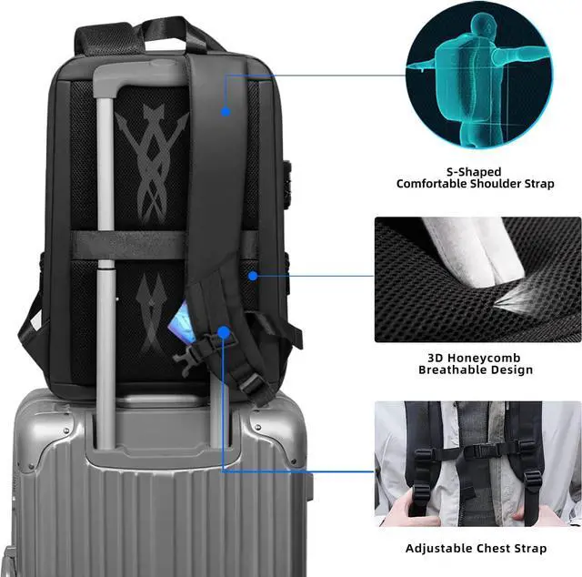 Alt view image 5 of 7 - FENRUIEN Anti Theft Laptop Backpack for Men, Expandable Water Resistant Hardshell Backpack with USB Port, Black Business Travel Computer Bag 15.6 Inch