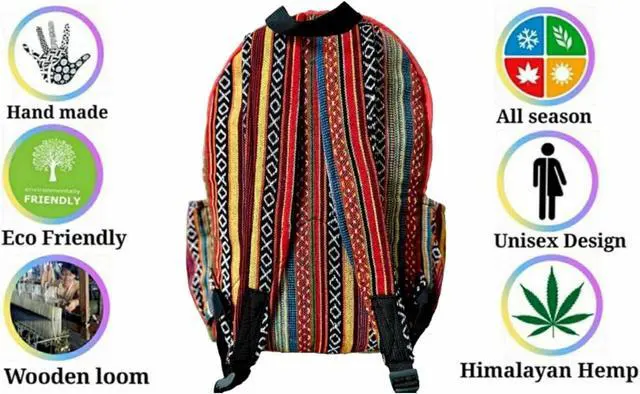 Alt view image 2 of 4 - Large size multi pocket breathable back pack | Hand made Eco friendly Hemp from Himalaya | Strong backpack with Unbreakable YKK Zipper chain. College, Laptop, travelling.