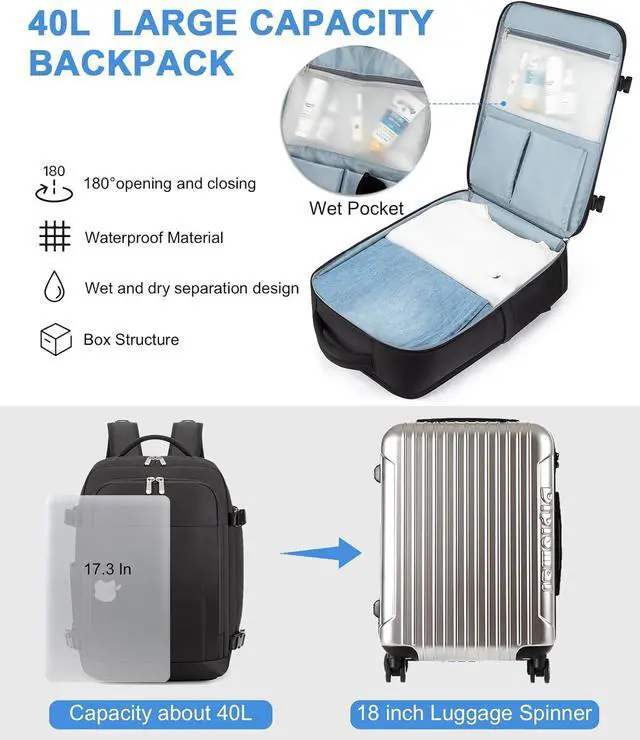 Alt view image 2 of 5 - RDTGO Travel Backpack For Women, 40L Carry-On Backpack, Airline Approved Personal Item Bag, Waterproof Laptop Backpack with Large Duffel, Casual Daypack for Buisness Gym Weekend Hiking (Black)
