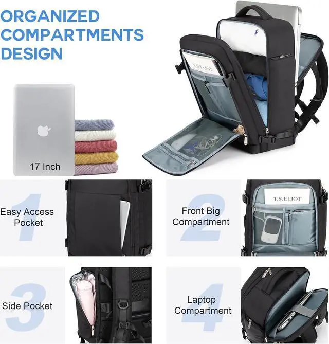 Alt view image 3 of 5 - RDTGO Travel Backpack For Women, 40L Carry-On Backpack, Airline Approved Personal Item Bag, Waterproof Laptop Backpack with Large Duffel, Casual Daypack for Buisness Gym Weekend Hiking (Black)
