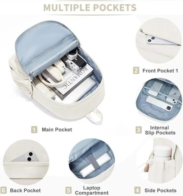Alt view image 3 of 6 - Beige Backpack for School Women Girls, Waterproof Bookbag Cute High School Backpack for Men Teen Boys, Lightweight Travel College Backpack Mochilas Escolares para