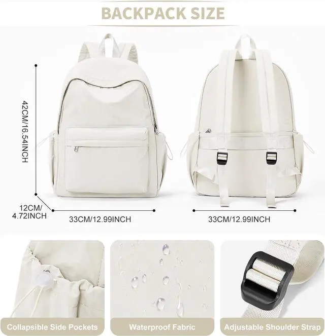 Alt view image 5 of 6 - Beige Backpack for School Women Girls, Waterproof Bookbag Cute High School Backpack for Men Teen Boys, Lightweight Travel College Backpack Mochilas Escolares para