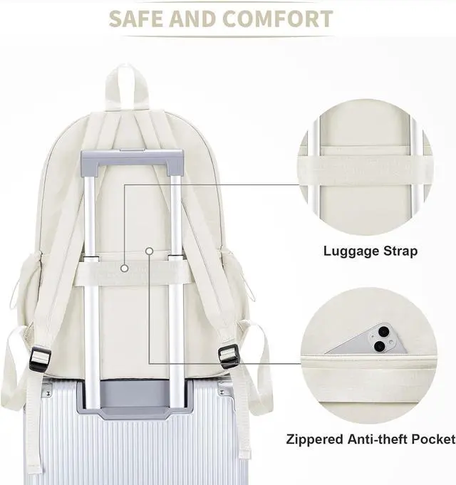 Alt view image 4 of 6 - Beige Backpack for School Women Girls, Waterproof Bookbag Cute High School Backpack for Men Teen Boys, Lightweight Travel College Backpack Mochilas Escolares para
