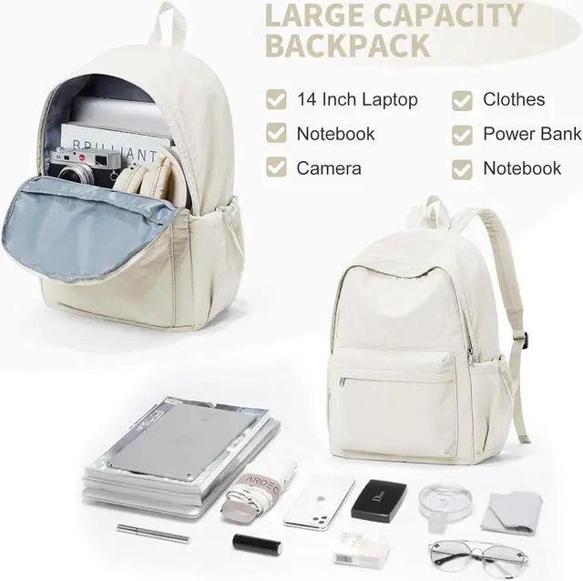 Alt view image 6 of 6 - Beige Backpack for School Women Girls, Waterproof Bookbag Cute High School Backpack for Men Teen Boys, Lightweight Travel College Backpack Mochilas Escolares para