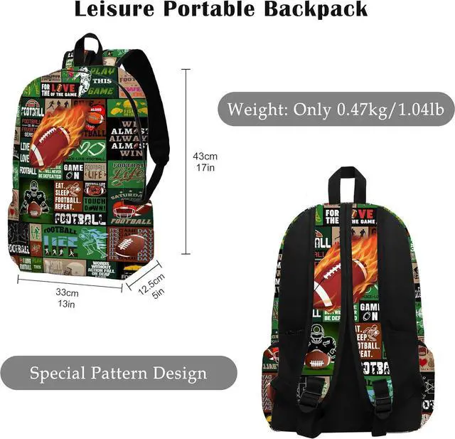 Alt view image 2 of 7 - Fire Football School Backpack for Boys Bookbag, 17 Inch Football Backpack for School, Kids Footballs Sports Theme Laptop Back Pack for School Travel Hiking Camping