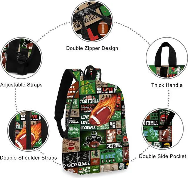 Alt view image 3 of 7 - Fire Football School Backpack for Boys Bookbag, 17 Inch Football Backpack for School, Kids Footballs Sports Theme Laptop Back Pack for School Travel Hiking Camping