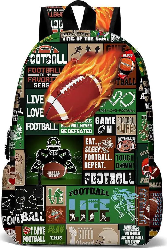 Main image of Fire Football School Backpack for Boys Bookbag, 17 Inch Football Backpack for School, Kids Footballs Sports Theme Laptop Back Pack for School Travel Hiking Camping