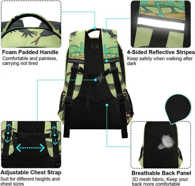 Alt view image 5 of 7 - Snakes Lizard Chameleon and Turtle Animal Backpack with Reflective Stripes, Laptop School Book Bag Lightweight Computer Backpacks for Men Women Kids