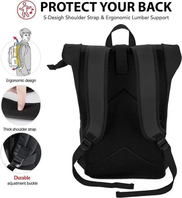 Alt view image 4 of 7 - X RAY Roll Top Laptop Backpack for Men Women, PU Leather Expandable Roll Up Backpack Capacity Adjustable 22L & Fits 15.6" Laptop, Black