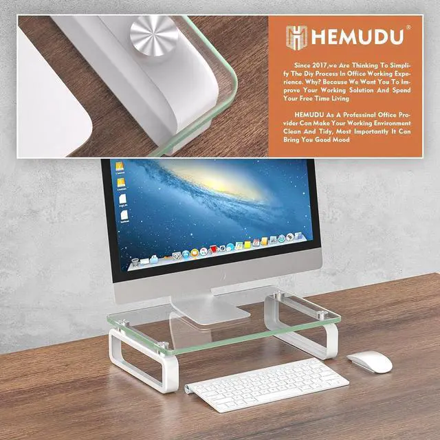 Alt view image 2 of 7 - Hemudu Clear Computer Monitor Stand Riser Multi Media Desktop Stand for Flat Screen LCD LED TV, Laptop/Notebook, with Tempered Glass and Metal Legs, HD02T-001