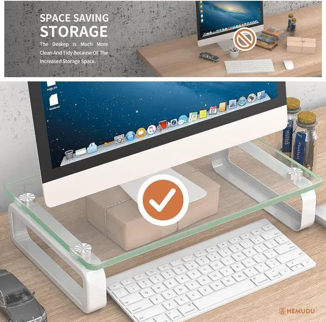 Alt view image 4 of 7 - Hemudu Clear Computer Monitor Stand Riser Multi Media Desktop Stand for Flat Screen LCD LED TV, Laptop/Notebook, with Tempered Glass and Metal Legs, HD02T-001