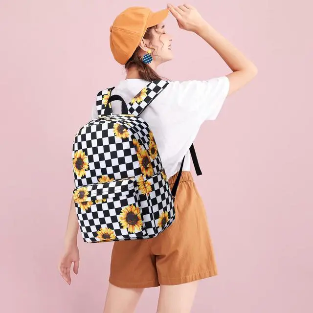 Alt view image 2 of 6 - School Backpack for Girls Women, Teens School Bags Bookbags Ladies Laptop Backpacks (Checkered Sunflower)