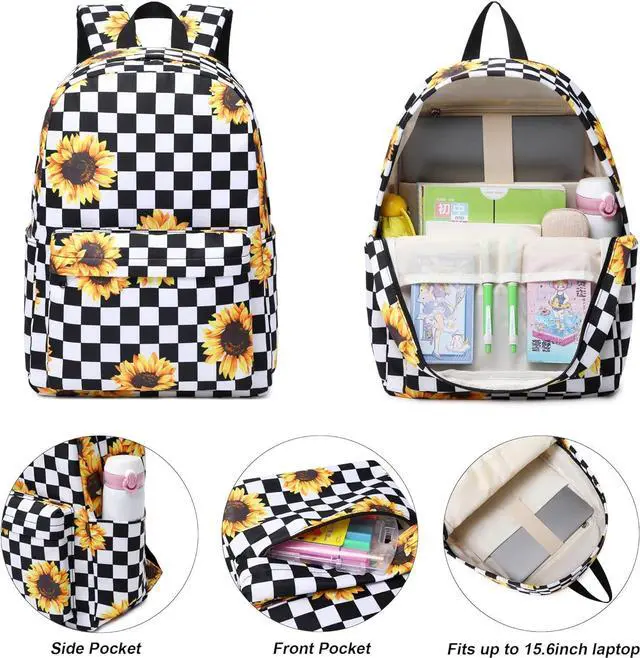 Alt view image 3 of 6 - School Backpack for Girls Women, Teens School Bags Bookbags Ladies Laptop Backpacks (Checkered Sunflower)
