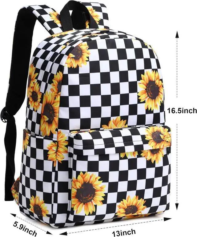 Alt view image 5 of 6 - School Backpack for Girls Women, Teens School Bags Bookbags Ladies Laptop Backpacks (Checkered Sunflower)
