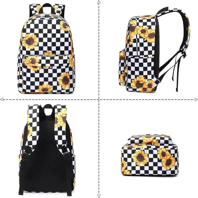 Alt view image 6 of 6 - School Backpack for Girls Women, Teens School Bags Bookbags Ladies Laptop Backpacks (Checkered Sunflower)