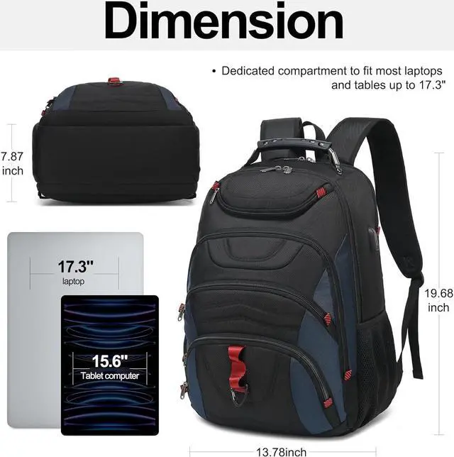 Alt view image 2 of 7 - Boavan Laptop Backpack for men, 17.3 inch Laptop Bag with USB Port, Waterproof Travel Work Backpack Purse, Anti-Theft Teacher Nurse Doctor Casual Bookbags Office Business backpackBlack&Classic Navy