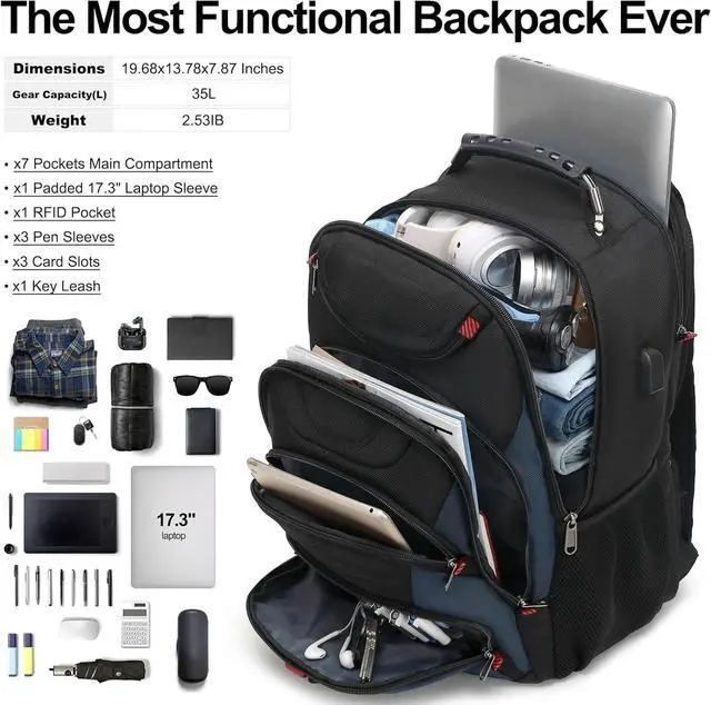 Alt view image 5 of 7 - Boavan Laptop Backpack for men, 17.3 inch Laptop Bag with USB Port, Waterproof Travel Work Backpack Purse, Anti-Theft Teacher Nurse Doctor Casual Bookbags Office Business backpackBlack&Classic Navy