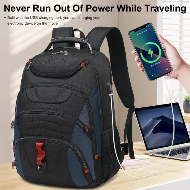 Alt view image 7 of 7 - Boavan Laptop Backpack for men, 17.3 inch Laptop Bag with USB Port, Waterproof Travel Work Backpack Purse, Anti-Theft Teacher Nurse Doctor Casual Bookbags Office Business backpackBlack&Classic Navy