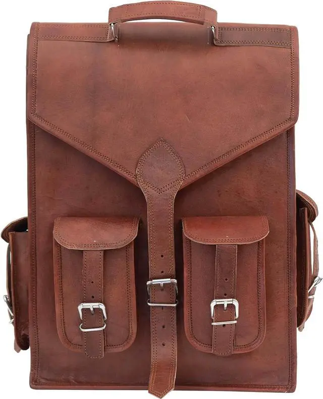 Alt view image 2 of 7 - Shy Shy Lets Touch The Sky Brown Vintage Leather Backpack Laptop Messenger Bag Rucksack Sling for Men and Women (13"X18")