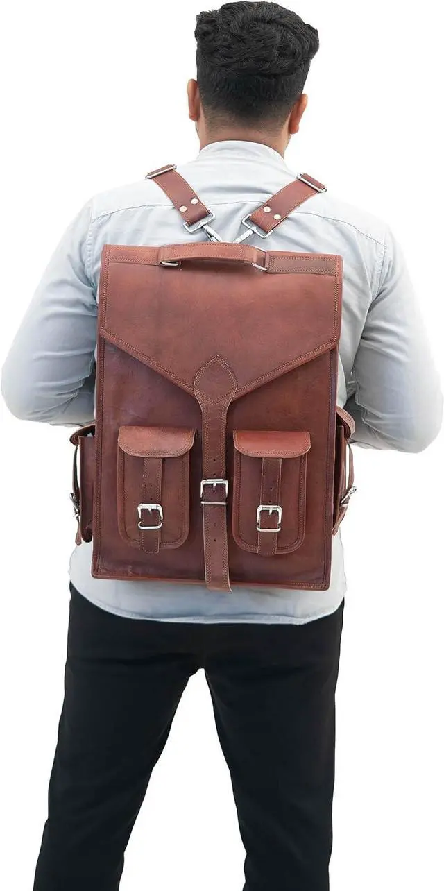 Alt view image 4 of 7 - Shy Shy Lets Touch The Sky Brown Vintage Leather Backpack Laptop Messenger Bag Rucksack Sling for Men and Women (13"X18")