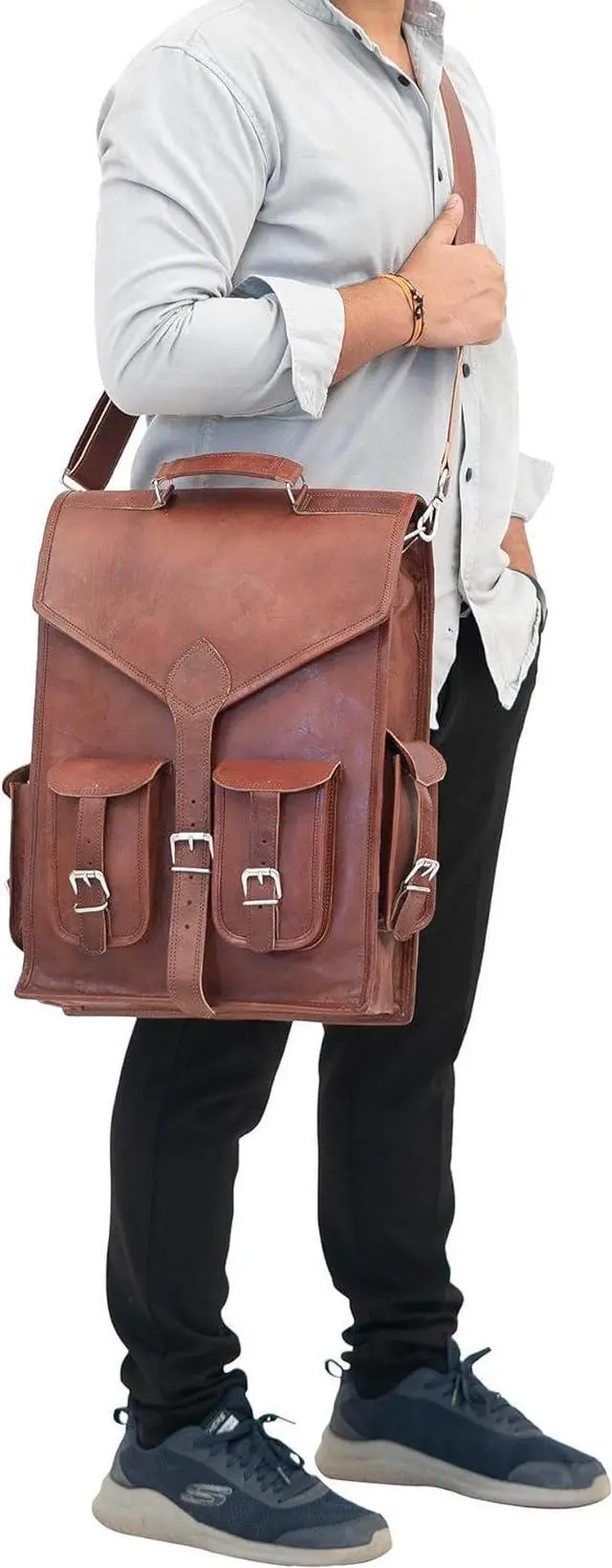 Alt view image 5 of 7 - Shy Shy Lets Touch The Sky Brown Vintage Leather Backpack Laptop Messenger Bag Rucksack Sling for Men and Women (13"X18")