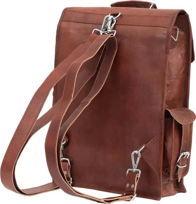 Alt view image 7 of 7 - Shy Shy Lets Touch The Sky Brown Vintage Leather Backpack Laptop Messenger Bag Rucksack Sling for Men and Women (13"X18")