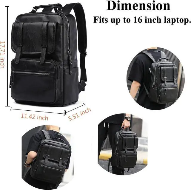 Alt view image 2 of 6 - CHAO RAN Vintage Leather Laptop Backpack for Men, Large Waterproof Travel Black Rucksack, Work Knapsack Fit up to 16 inch Laptop, Business Backpack for commute College (Black)