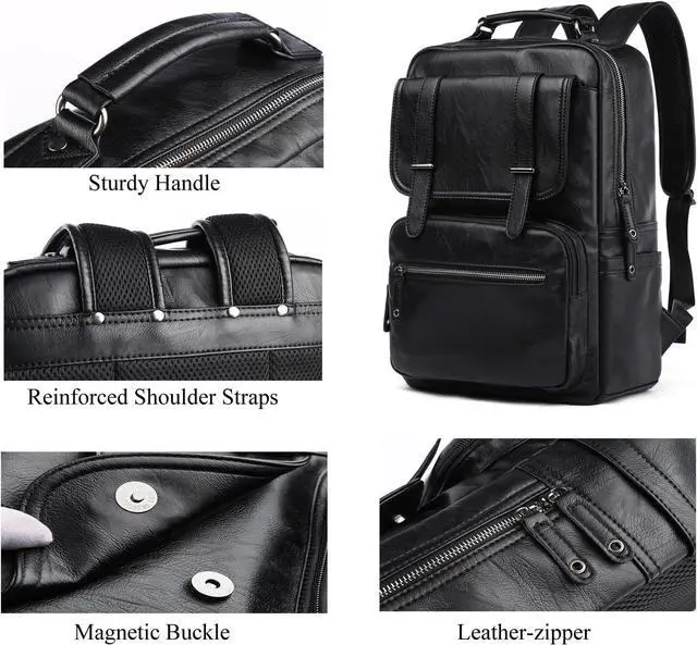 Alt view image 3 of 6 - CHAO RAN Vintage Leather Laptop Backpack for Men, Large Waterproof Travel Black Rucksack, Work Knapsack Fit up to 16 inch Laptop, Business Backpack for commute College (Black)