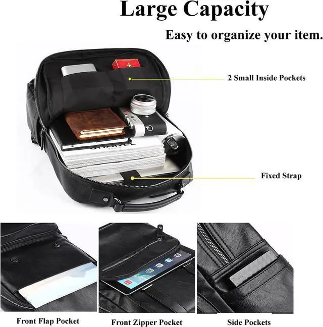 Alt view image 5 of 6 - CHAO RAN Vintage Leather Laptop Backpack for Men, Large Waterproof Travel Black Rucksack, Work Knapsack Fit up to 16 inch Laptop, Business Backpack for commute College (Black)
