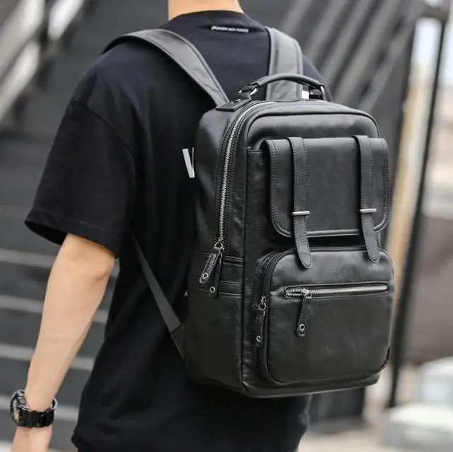 Alt view image 6 of 6 - CHAO RAN Vintage Leather Laptop Backpack for Men, Large Waterproof Travel Black Rucksack, Work Knapsack Fit up to 16 inch Laptop, Business Backpack for commute College (Black)