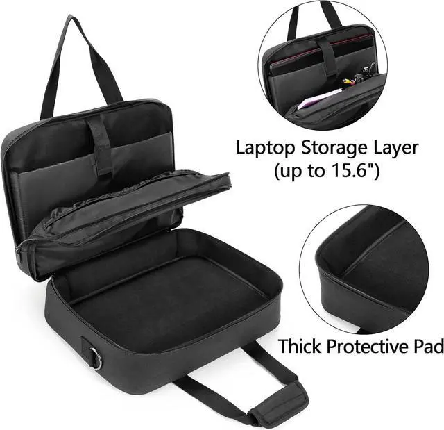Alt view image 3 of 7 - samdew Double-layer Portable Mobile Printer Storage Bag Compatible with HP Tango/Tango X, HP Officejet 250/200, Printer Carrying Case with 15.6" Laptop Layer, Shoulder & Trolley Strap, Bag Only