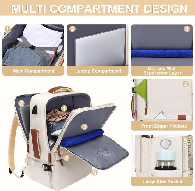 Alt view image 2 of 7 - MOSISO Travel Backpack, 40L Carry on Laptop Backpack, 17-17.3 inch Airline Approved Luggage Bag with USB Port&Hidden Shoulder Strap, Casual Daypack with Toiletry Bag&Shoe Pocket, Beige