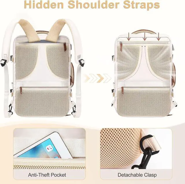 Alt view image 4 of 7 - MOSISO Travel Backpack, 40L Carry on Laptop Backpack, 17-17.3 inch Airline Approved Luggage Bag with USB Port&Hidden Shoulder Strap, Casual Daypack with Toiletry Bag&Shoe Pocket, Beige
