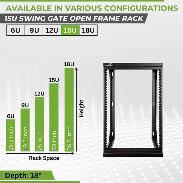 Alt view image 3 of 6 - NavePoint 15U Server Rack with Swing Gate - 15U Wall Mount Rack for 19 Inch IT Equipment Open Frame Rack  Network Rack Wall Mount for AV & Server Equipment 18 Deep 15U Rack, Black