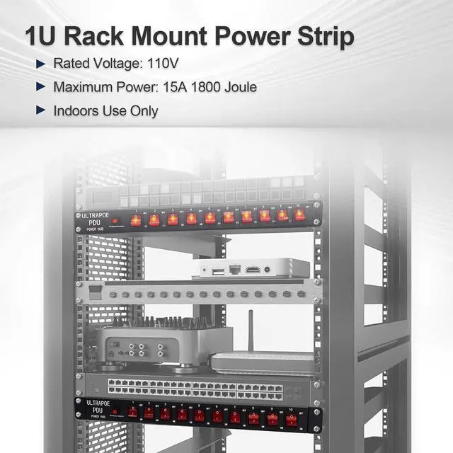 Alt view image 3 of 7 - 10-Outlet 1U Horizontal PDU Rack Mount Power Strip - Surge Protector,100-240V/15A/1800 Joules,for Network Servers,Power Conditioner with 10 Individual Switches and 6 ft Power Cord