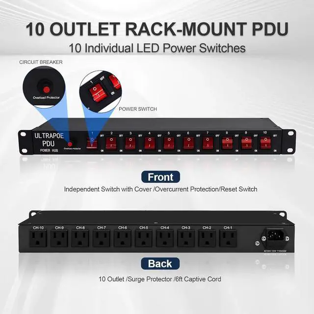 Alt view image 2 of 7 - 10-Outlet 1U Horizontal PDU Rack Mount Power Strip - Surge Protector,100-240V/15A/1800 Joules,for Network Servers,Power Conditioner with 10 Individual Switches and 6 ft Power Cord