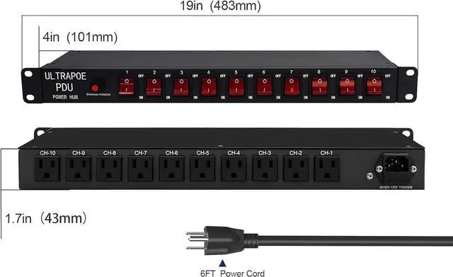 Alt view image 5 of 7 - 10-Outlet 1U Horizontal PDU Rack Mount Power Strip - Surge Protector,100-240V/15A/1800 Joules,for Network Servers,Power Conditioner with 10 Individual Switches and 6 ft Power Cord