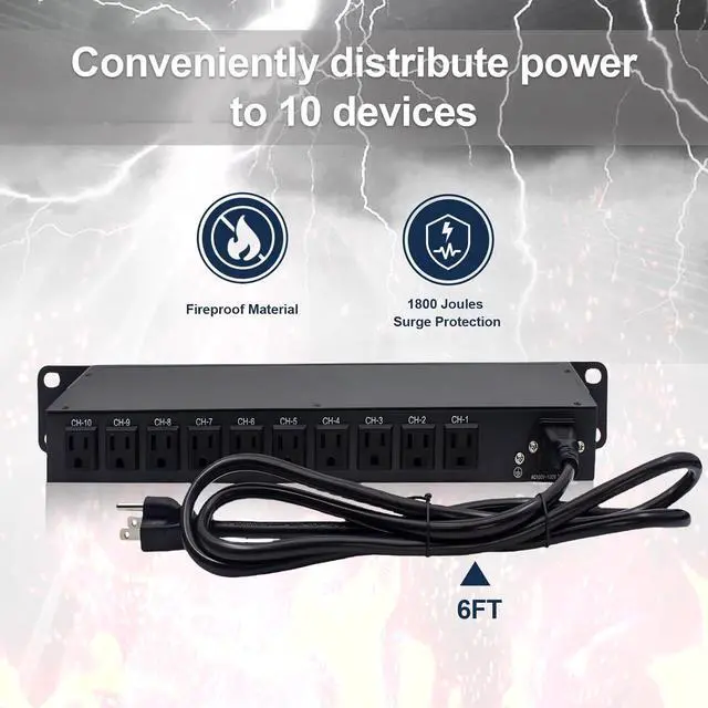 Alt view image 4 of 7 - 10-Outlet 1U Horizontal PDU Rack Mount Power Strip - Surge Protector,100-240V/15A/1800 Joules,for Network Servers,Power Conditioner with 10 Individual Switches and 6 ft Power Cord