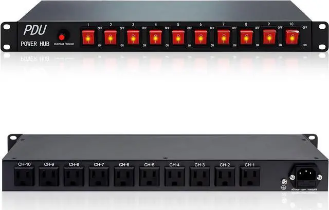 Main image of 10 Outlet Horizontal 1U Rack Mount PDU Power Strip - Surge Protection,10 Individual Led SwitchesAC 100V-240V-15A.for Network Server Racks, 6 Feet Heavy Power Cord