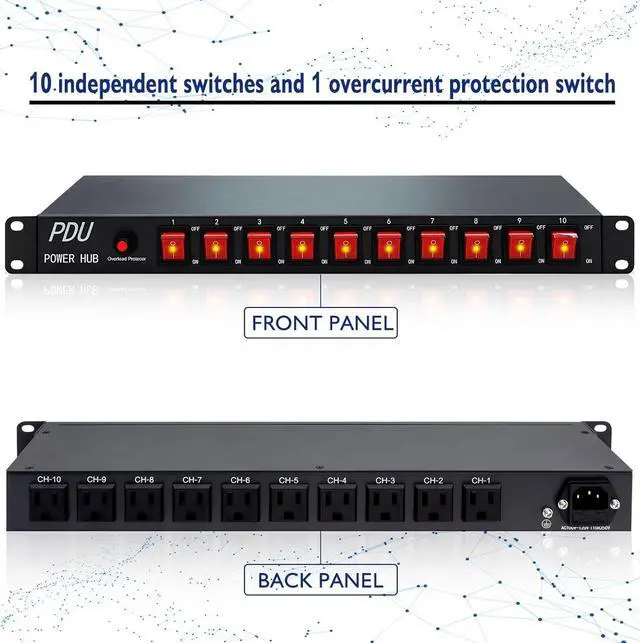 Alt view image 2 of 6 - 10 Outlet Horizontal 1U Rack Mount PDU Power Strip - Surge Protection,10 Individual Led SwitchesAC 100V-240V-15A.for Network Server Racks, 6 Feet Heavy Power Cord