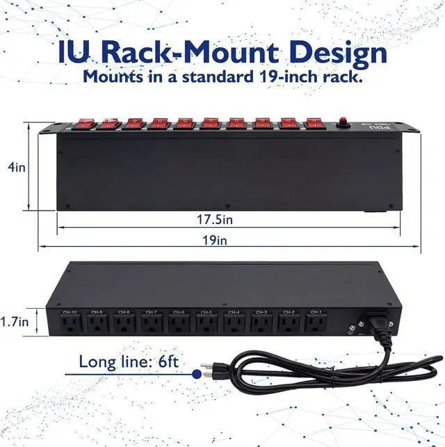 Alt view image 6 of 6 - 10 Outlet Horizontal 1U Rack Mount PDU Power Strip - Surge Protection,10 Individual Led SwitchesAC 100V-240V-15A.for Network Server Racks, 6 Feet Heavy Power Cord