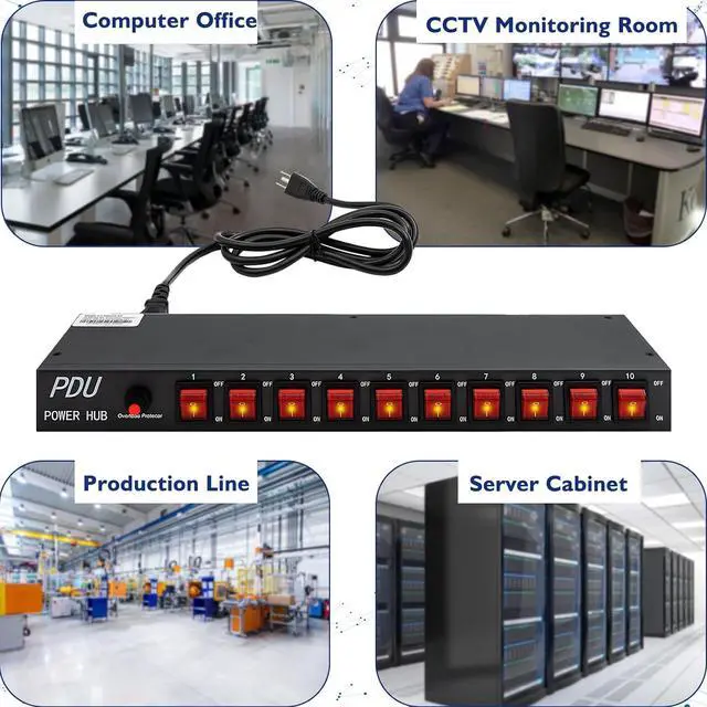 Alt view image 5 of 6 - 10 Outlet Horizontal 1U Rack Mount PDU Power Strip - Surge Protection,10 Individual Led SwitchesAC 100V-240V-15A.for Network Server Racks, 6 Feet Heavy Power Cord