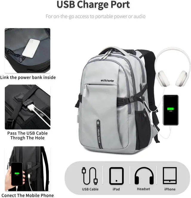Alt view image 3 of 7 - ARCTIC HUNTER AH Travel Carry On 15.6" Laptop Backpack for Men, Large 30L Anti-Theft & Waterproof Backpacks Flight Approved for Business, Commuting, Work, Weekend Casual Daypack, Grey, Silver